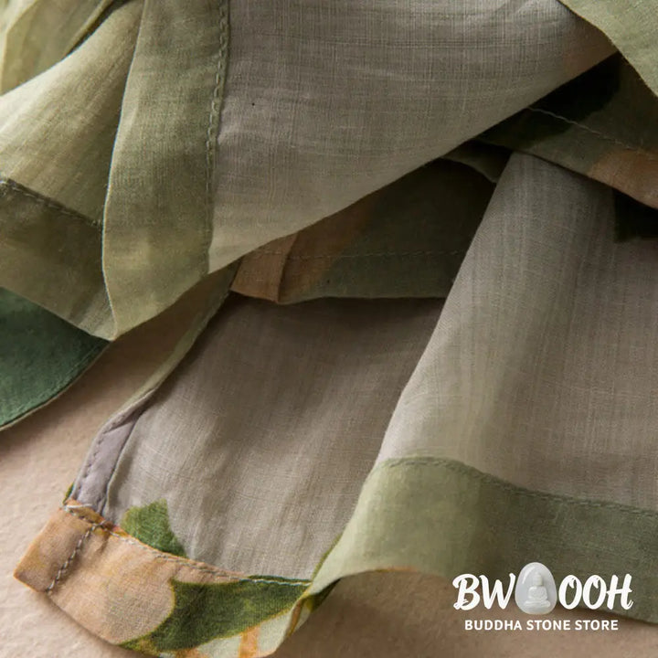 Buddha Stones Lightgreen Casual Artistic Printing Flower Pattern Chinese Frog-Button Design Women’s Cotton Linen Long