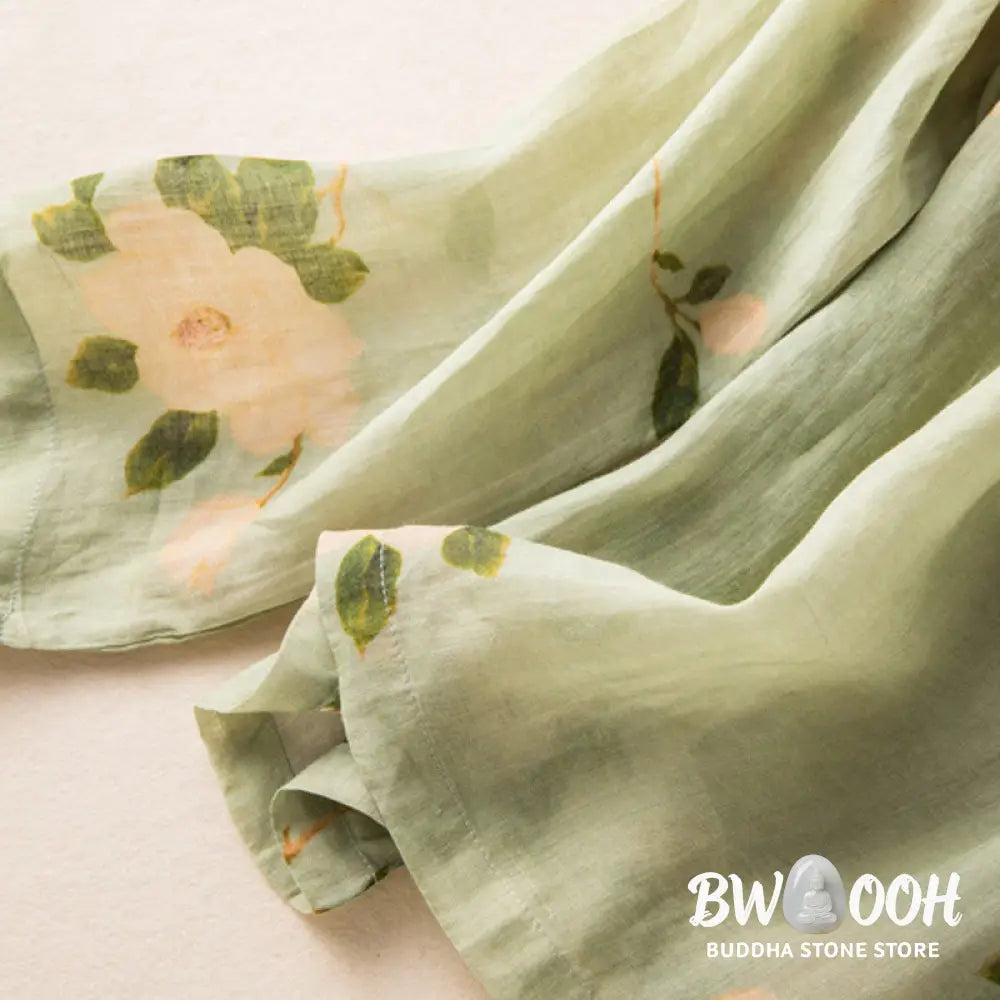 Buddha Stones Lightgreen Casual Artistic Printing Flower Pattern Chinese Frog-Button Design Women’s Cotton Linen Long