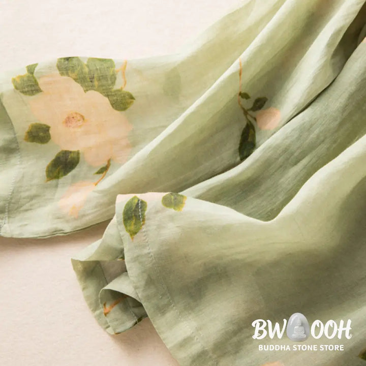 Buddha Stones Lightgreen Casual Artistic Printing Flower Pattern Chinese Frog-Button Design Women’s Cotton Linen Long