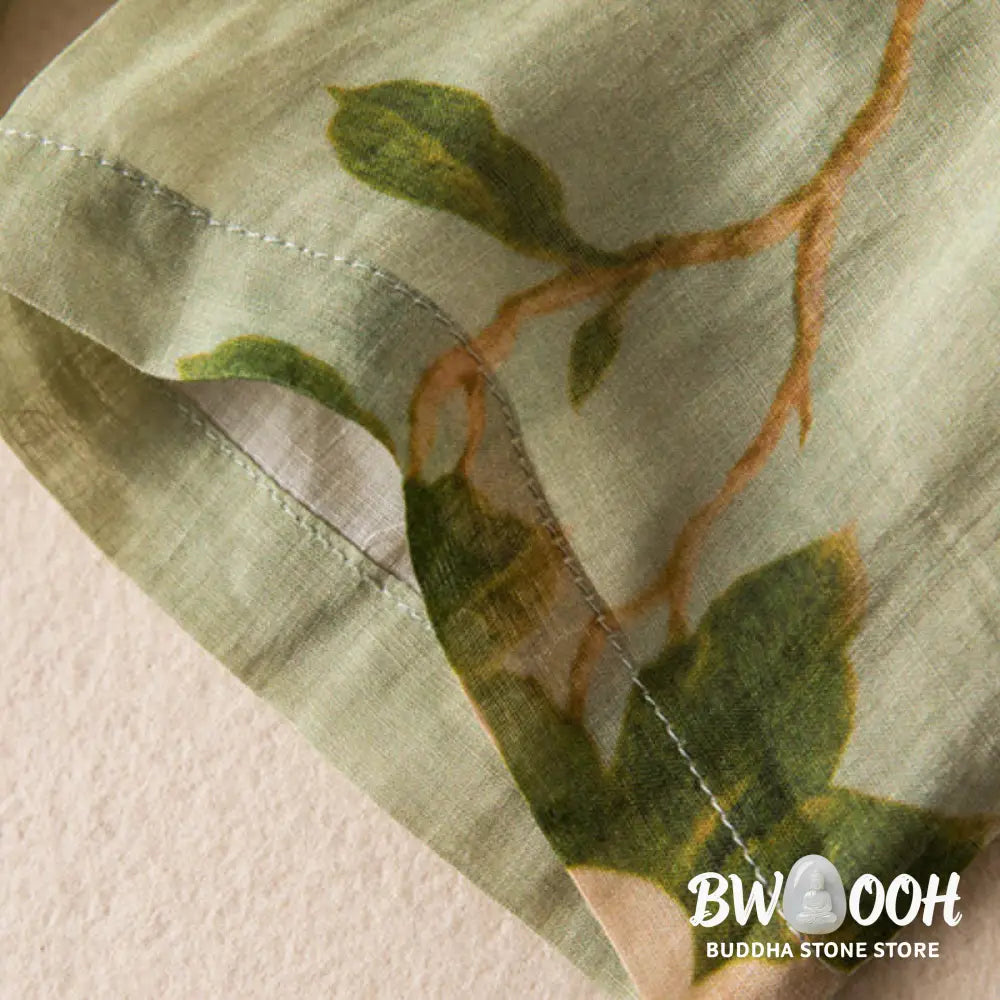 Buddha Stones Lightgreen Casual Artistic Printing Flower Pattern Chinese Frog-Button Design Women’s Cotton Linen Long
