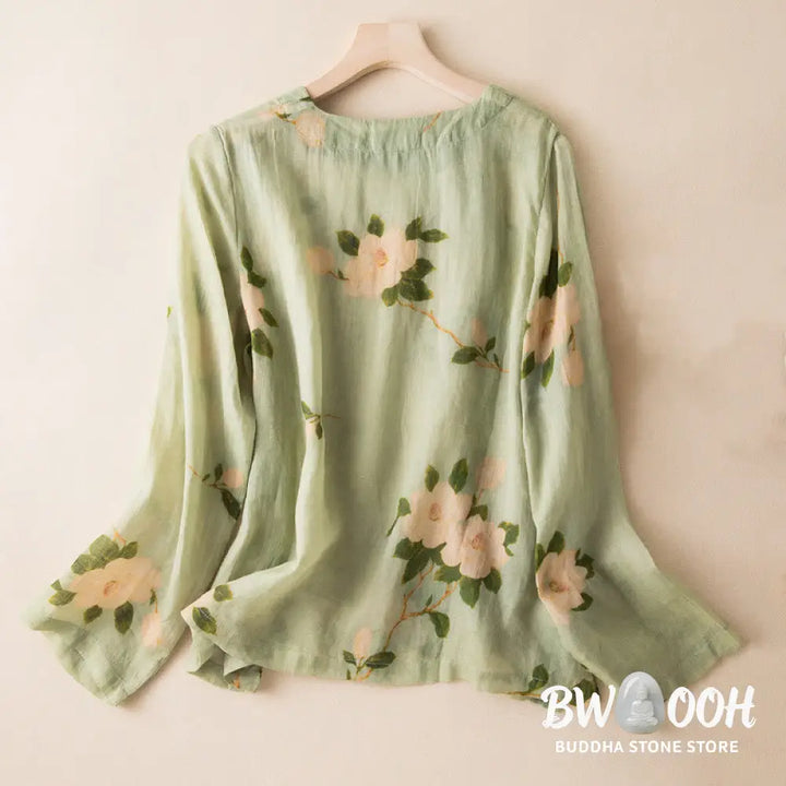 Buddha Stones Lightgreen Casual Artistic Printing Flower Pattern Chinese Frog-Button Design Women’s Cotton Linen Long