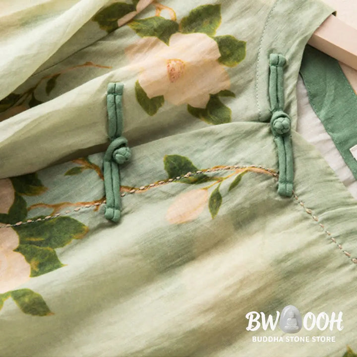 Buddha Stones Lightgreen Casual Artistic Printing Flower Pattern Chinese Frog-Button Design Women’s Cotton Linen Long