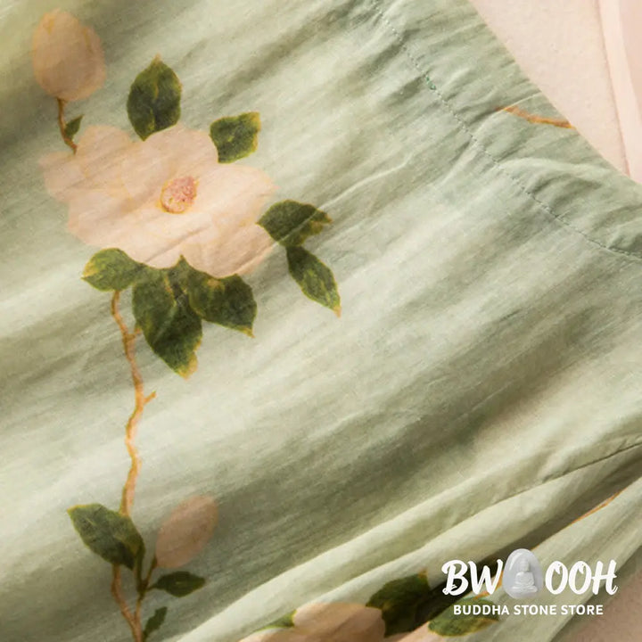 Buddha Stones Lightgreen Casual Artistic Printing Flower Pattern Chinese Frog-Button Design Women’s Cotton Linen Long