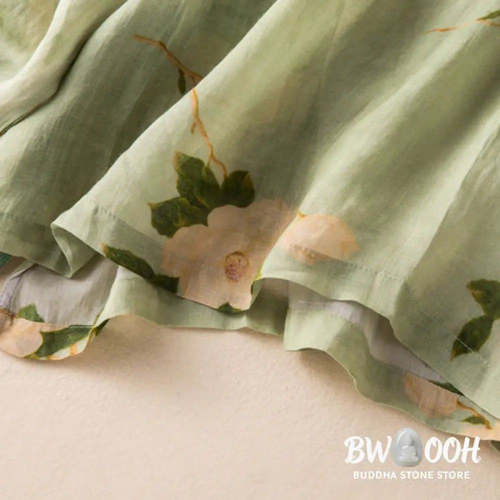 Buddha Stones Lightgreen Casual Artistic Printing Flower Pattern Chinese Frog-Button Design Women’s Cotton Linen Long