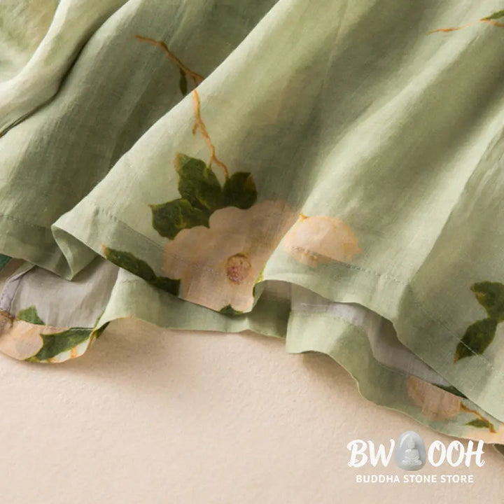 Buddha Stones Lightgreen Casual Artistic Printing Flower Pattern Chinese Frog-Button Design Women’s Cotton Linen Long