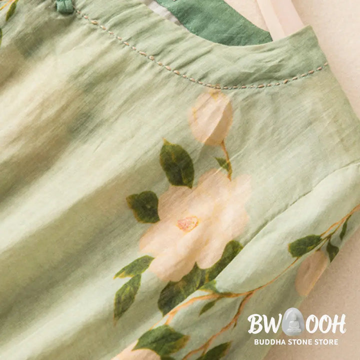 Buddha Stones Lightgreen Casual Artistic Printing Flower Pattern Chinese Frog-Button Design Women’s Cotton Linen Long