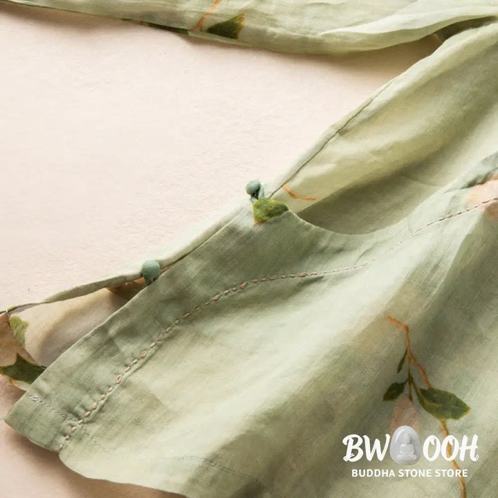 Buddha Stones Lightgreen Casual Artistic Printing Flower Pattern Chinese Frog-Button Design Women’s Cotton Linen Long