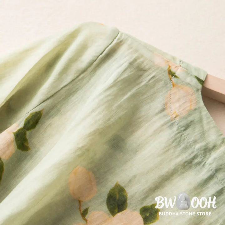 Buddha Stones Lightgreen Casual Artistic Printing Flower Pattern Chinese Frog-Button Design Women’s Cotton Linen Long