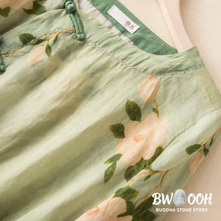 Buddha Stones Lightgreen Casual Artistic Printing Flower Pattern Chinese Frog-Button Design Women’s Cotton Linen Long