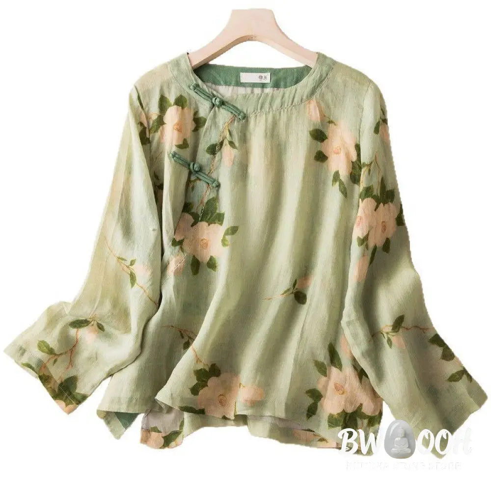Buddha Stones Lightgreen Casual Artistic Printing Flower Pattern Chinese Frog-Button Design Women’s Cotton Linen Long