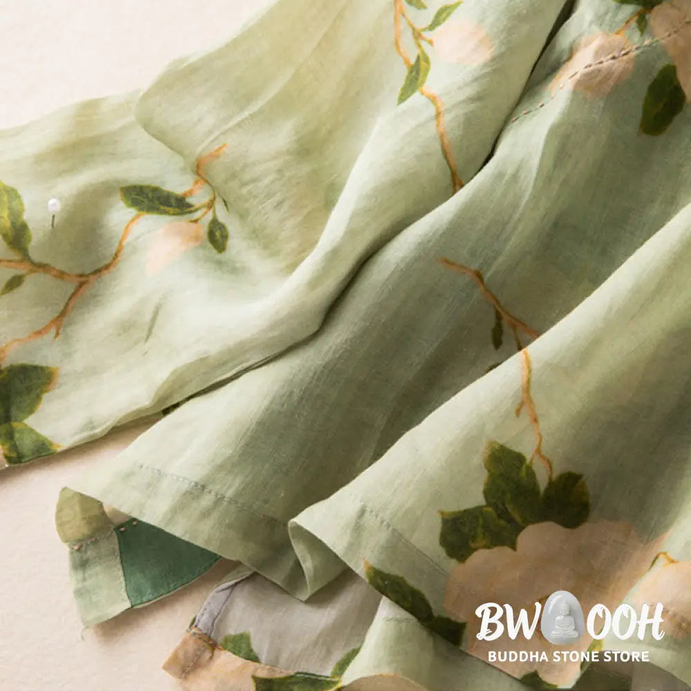 Buddha Stones Lightgreen Casual Artistic Printing Flower Pattern Chinese Frog-Button Design Women’s Cotton Linen Long