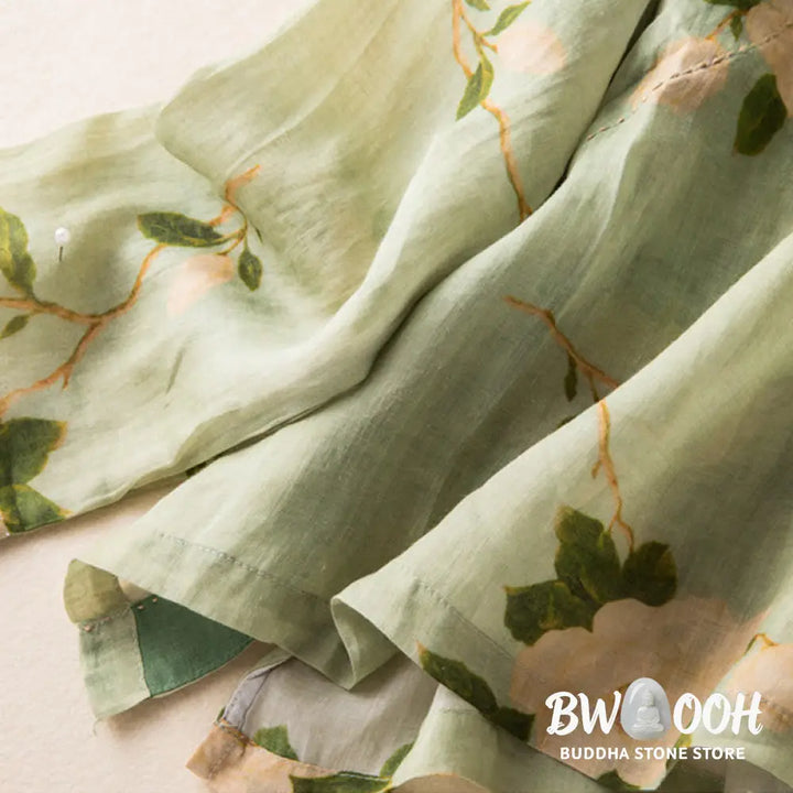 Buddha Stones Lightgreen Casual Artistic Printing Flower Pattern Chinese Frog-Button Design Women’s Cotton Linen Long