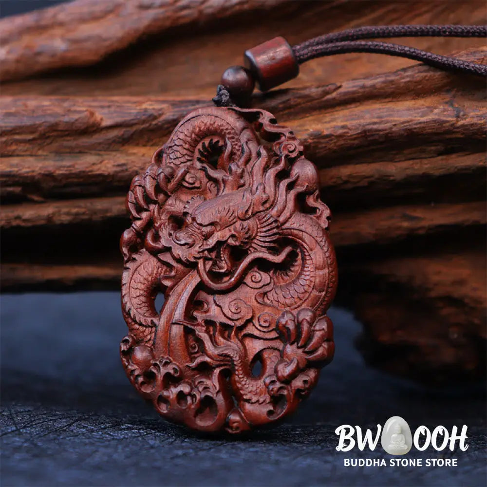 Buddha Stones Lightning Struck Jujube Wood Double Dragon Relief Ward Off Evil Spirits Necklace Pendant - BWOOOH