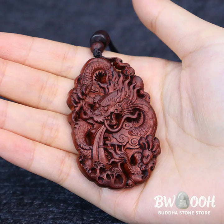 Buddha Stones Lightning Struck Jujube Wood Double Dragon Relief Ward Off Evil Spirits Necklace Pendant - BWOOOH