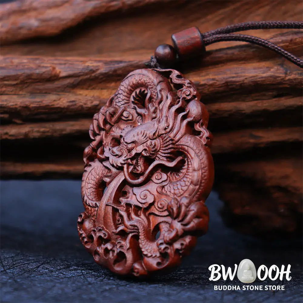 Buddha Stones Lightning Struck Jujube Wood Double Dragon Relief Ward Off Evil Spirits Necklace Pendant - BWOOOH