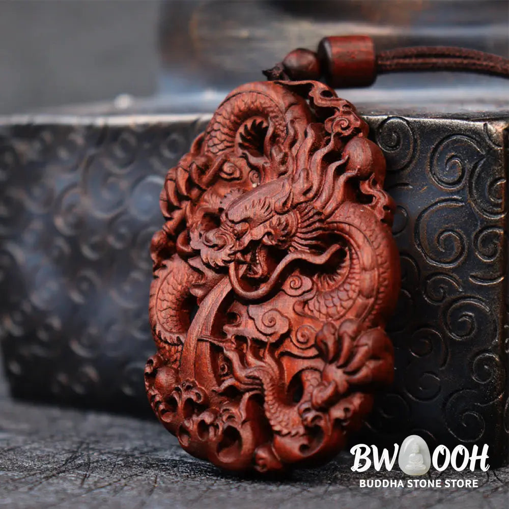 Buddha Stones Lightning Struck Jujube Wood Double Dragon Relief Ward Off Evil Spirits Necklace Pendant - BWOOOH