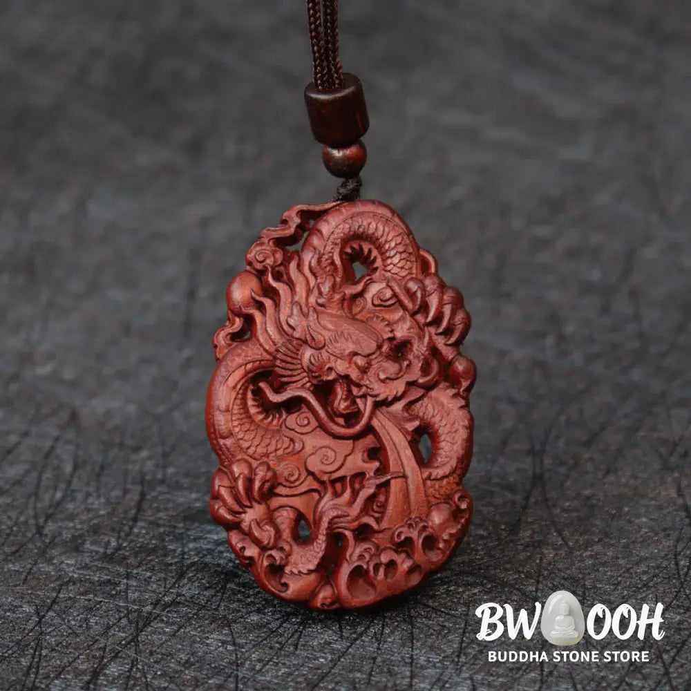 Buddha Stones Lightning Struck Jujube Wood Double Dragon Relief Ward Off Evil Spirits Necklace Pendant - BWOOOH