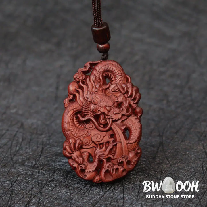 Buddha Stones Lightning Struck Jujube Wood Double Dragon Relief Ward Off Evil Spirits Necklace Pendant - BWOOOH