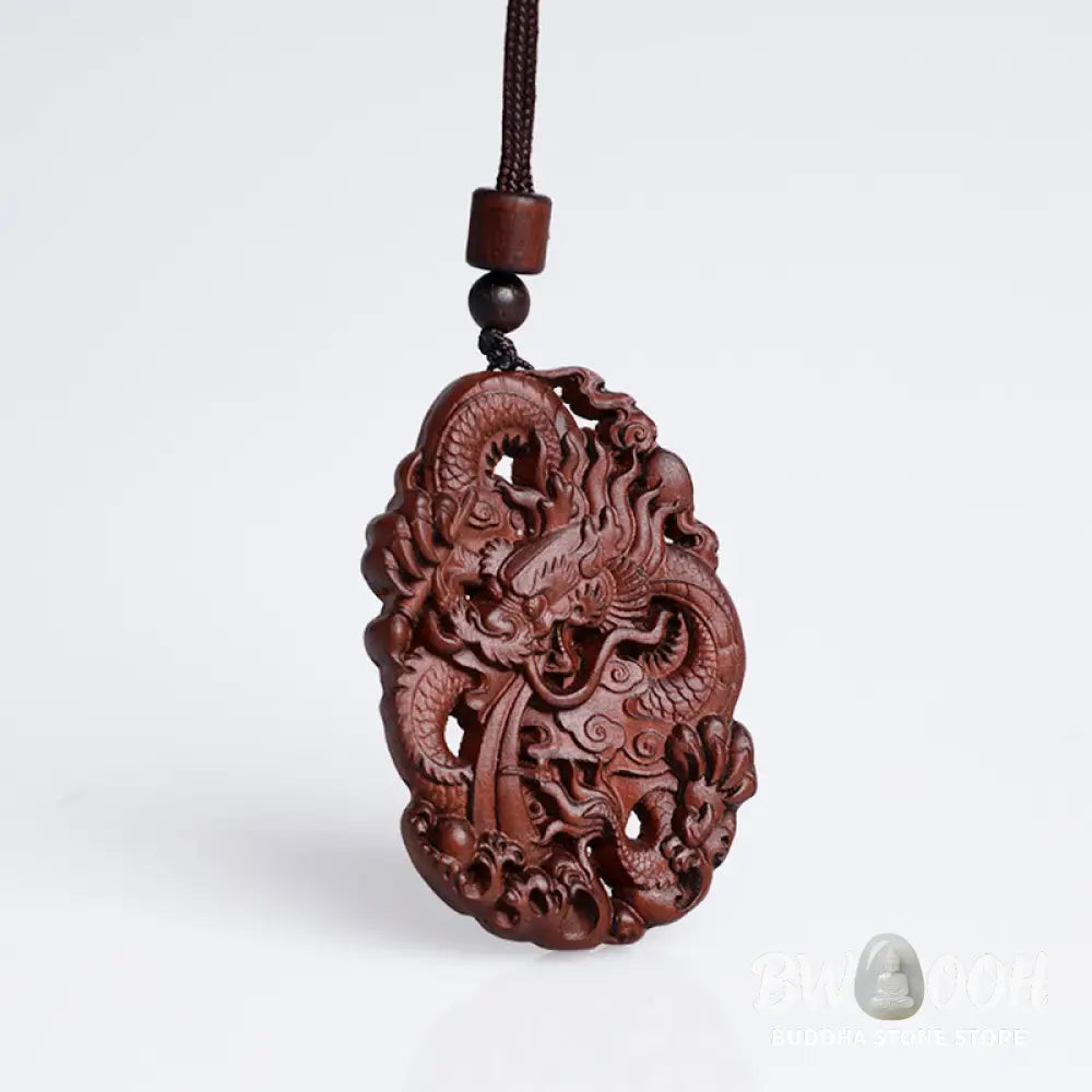 Buddha Stones Lightning Struck Jujube Wood Double Dragon Relief Ward Off Evil Spirits Necklace Pendant - BWOOOH