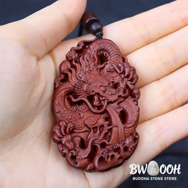 Buddha Stones Lightning Struck Jujube Wood Double Dragon Relief Ward Off Evil Spirits Necklace Pendant - BWOOOH