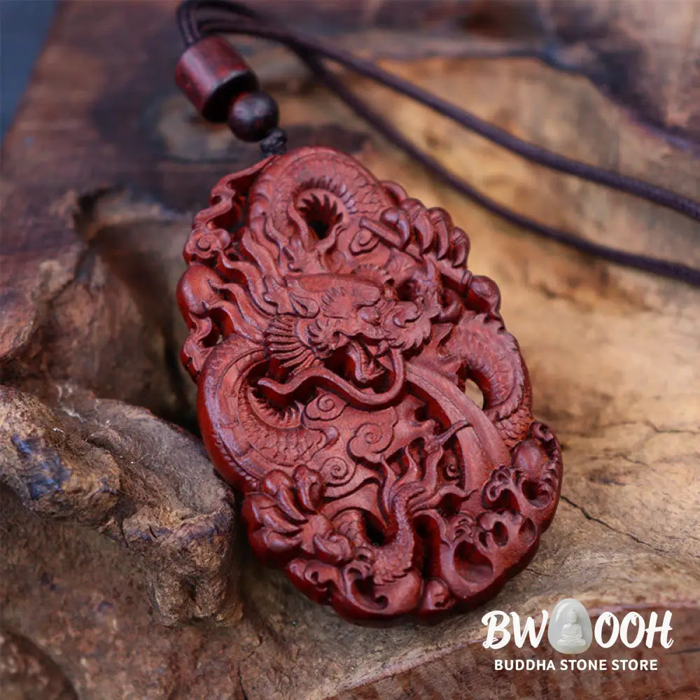 Buddha Stones Lightning Struck Jujube Wood Double Dragon Relief Ward Off Evil Spirits Necklace Pendant - BWOOOH