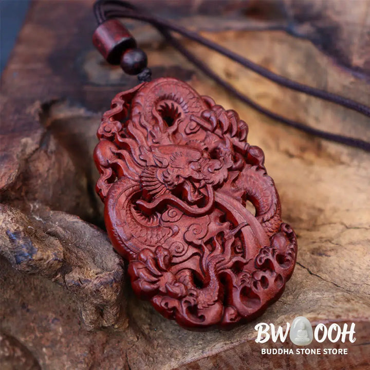 Buddha Stones Lightning Struck Jujube Wood Double Dragon Relief Ward Off Evil Spirits Necklace Pendant - BWOOOH
