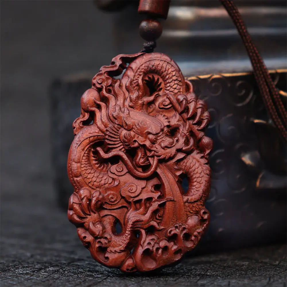 Buddha Stones Lightning Struck Jujube Wood Double Dragon Relief Ward Off Evil Spirits Necklace Pendant - BWOOOH