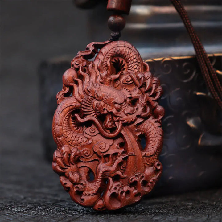 Buddha Stones Lightning Struck Jujube Wood Double Dragon Relief Ward Off Evil Spirits Necklace Pendant - BWOOOH