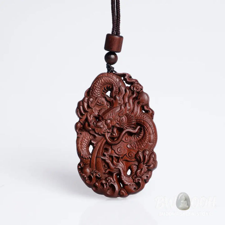 Buddha Stones Lightning Struck Jujube Wood Double Dragon Relief Ward Off Evil Spirits Necklace Pendant - BWOOOH