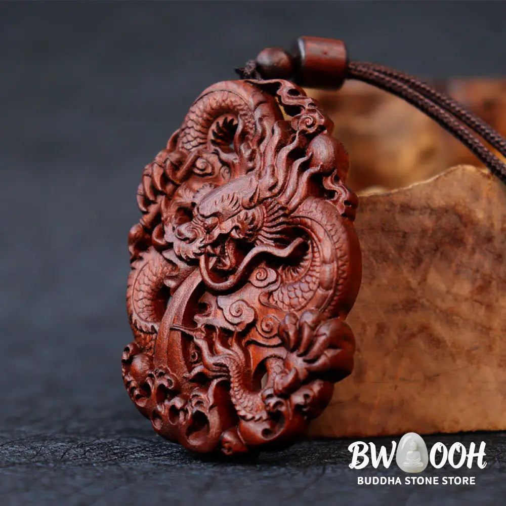 Buddha Stones Lightning Struck Jujube Wood Double Dragon Relief Ward Off Evil Spirits Necklace Pendant - BWOOOH