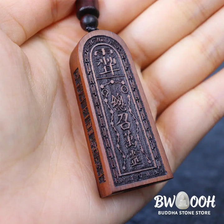 Buddha Stones Lightning Struck Jujube Wood Taoist Five Thunder Order Luck Protection Necklace Pendant - BWOOOH