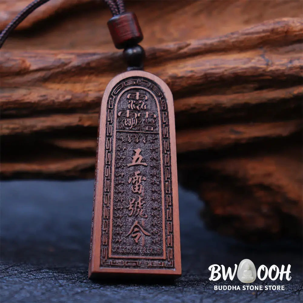 Buddha Stones Lightning Struck Jujube Wood Taoist Five Thunder Order Luck Protection Necklace Pendant - BWOOOH