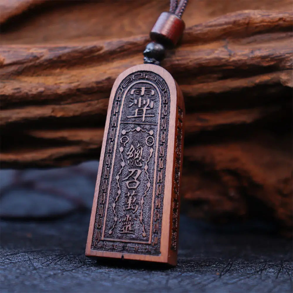 Buddha Stones Lightning Struck Jujube Wood Taoist Five Thunder Order Luck Protection Necklace Pendant - BWOOOH