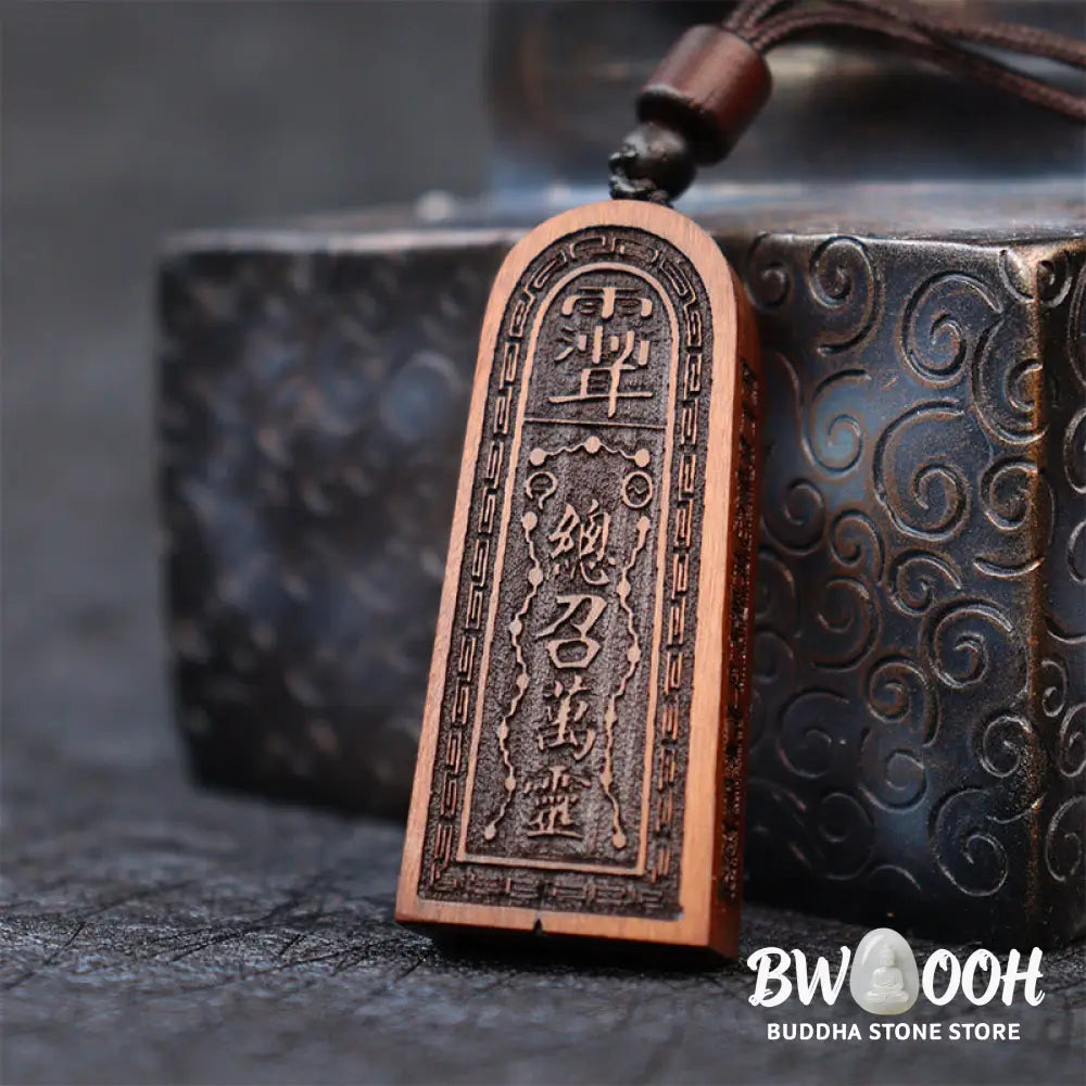 Buddha Stones Lightning Struck Jujube Wood Taoist Five Thunder Order Luck Protection Necklace Pendant - BWOOOH