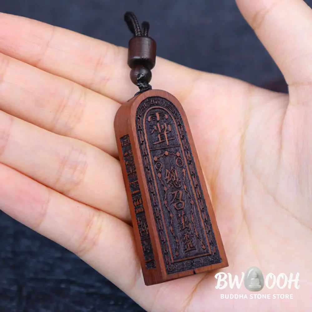 Buddha Stones Lightning Struck Jujube Wood Taoist Five Thunder Order Luck Protection Necklace Pendant - BWOOOH