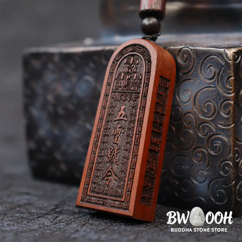 Buddha Stones Lightning Struck Jujube Wood Taoist Five Thunder Order Luck Protection Necklace Pendant - BWOOOH