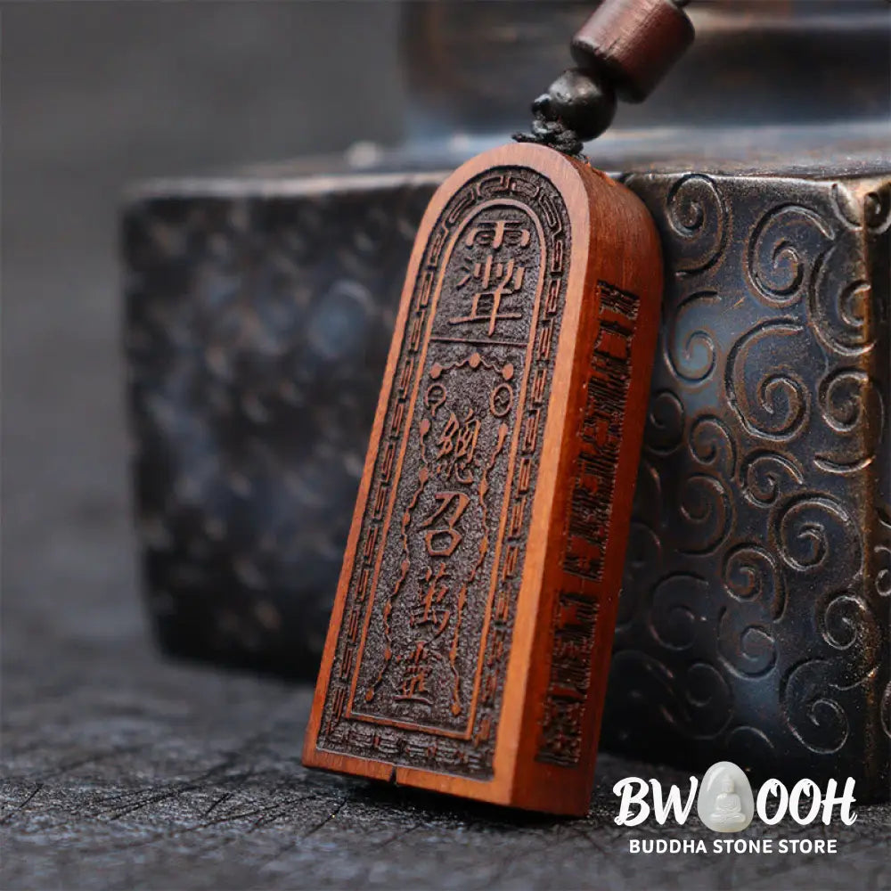 Buddha Stones Lightning Struck Jujube Wood Taoist Five Thunder Order Luck Protection Necklace Pendant - BWOOOH
