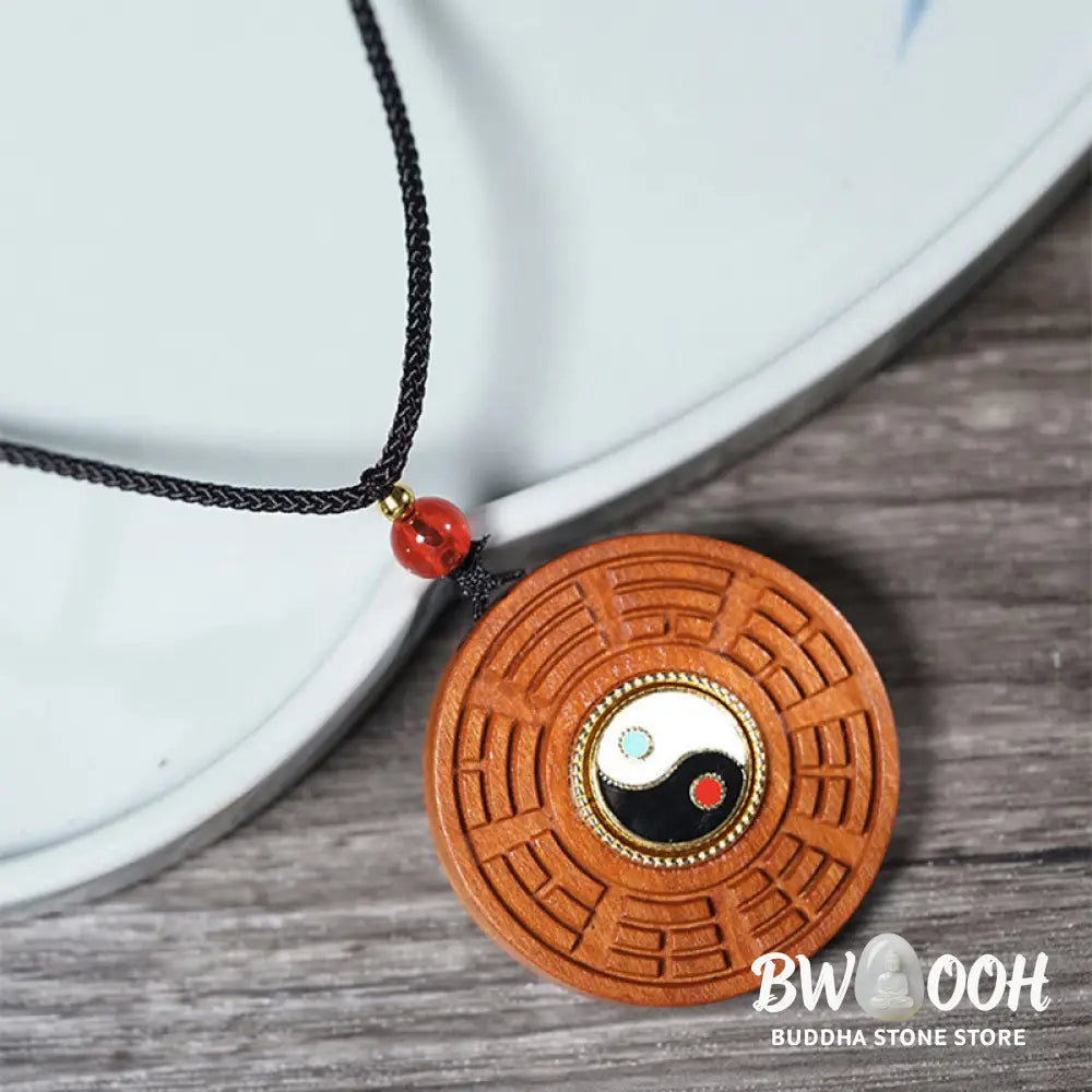 Buddha Stones Lightning Struck Jujube Wood Yin Yang Bagua Luck Necklace Pendant - BWOOOH - Lightning Struck Jujube Wood