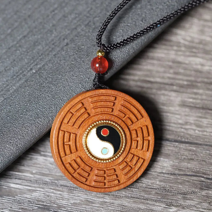 Buddha Stones Lightning Struck Jujube Wood Yin Yang Bagua Luck Necklace Pendant - BWOOOH - Lightning Struck Jujube Wood