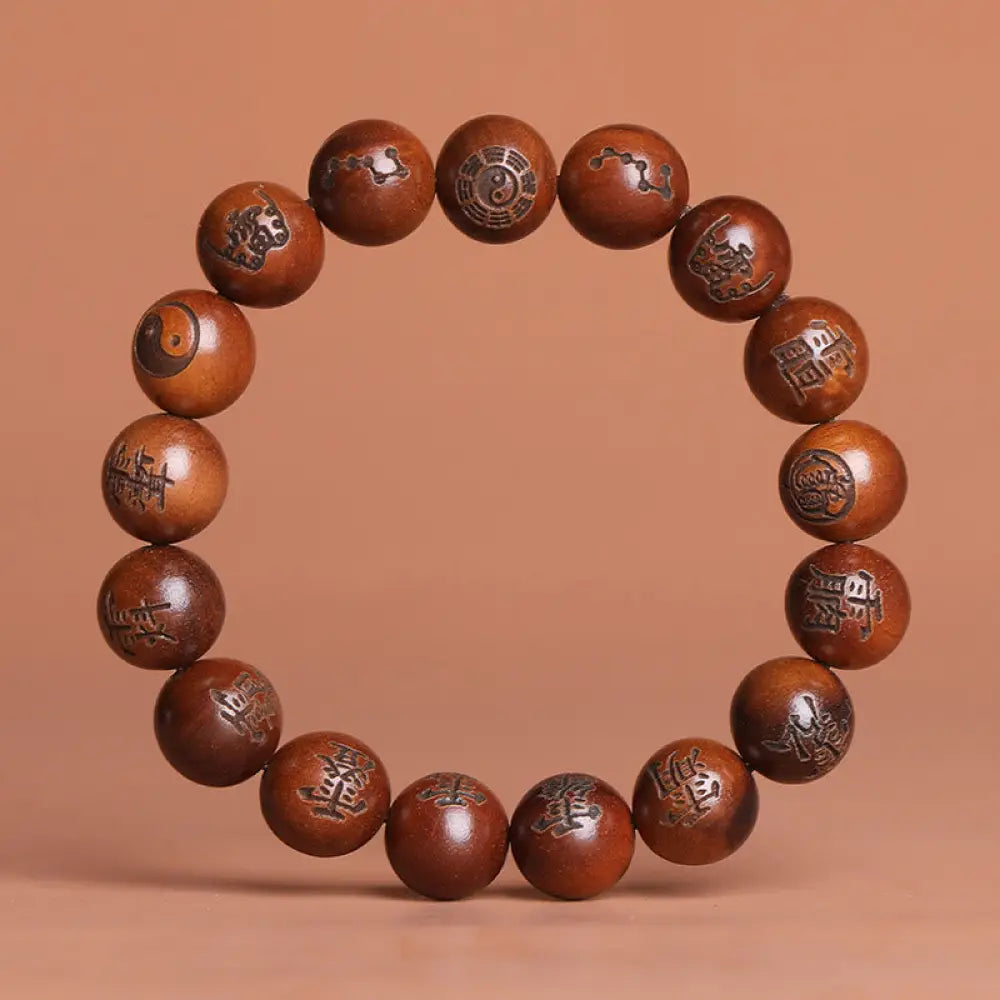 Buddha Stones Lightning Struck Jujube Wood Yin Yang Bagua Taoist Taboo Characters Engraved Protection Bracelet - BWOOOH