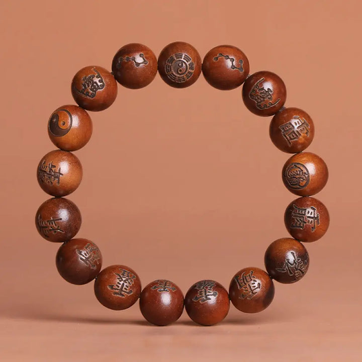Buddha Stones Lightning Struck Jujube Wood Yin Yang Bagua Taoist Taboo Characters Engraved Protection Bracelet - BWOOOH