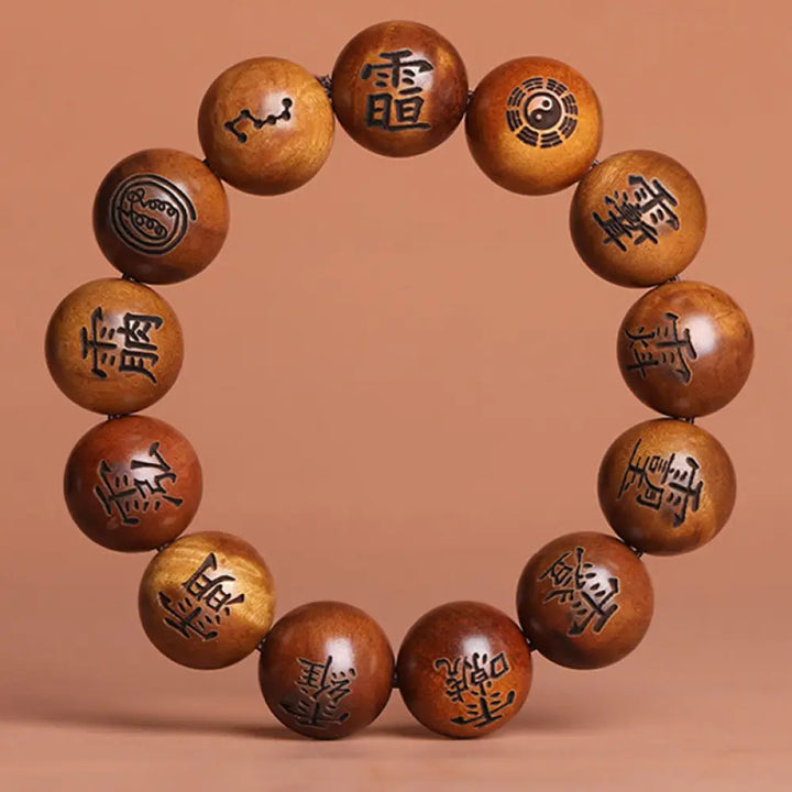 Buddha Stones Lightning Struck Jujube Wood Yin Yang Bagua Taoist Taboo Characters Engraved Protection Bracelet - BWOOOH