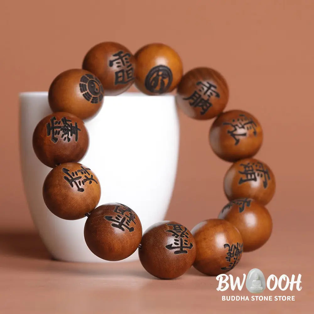 Buddha Stones Lightning Struck Jujube Wood Yin Yang Bagua Taoist Taboo Characters Engraved Protection Bracelet - BWOOOH