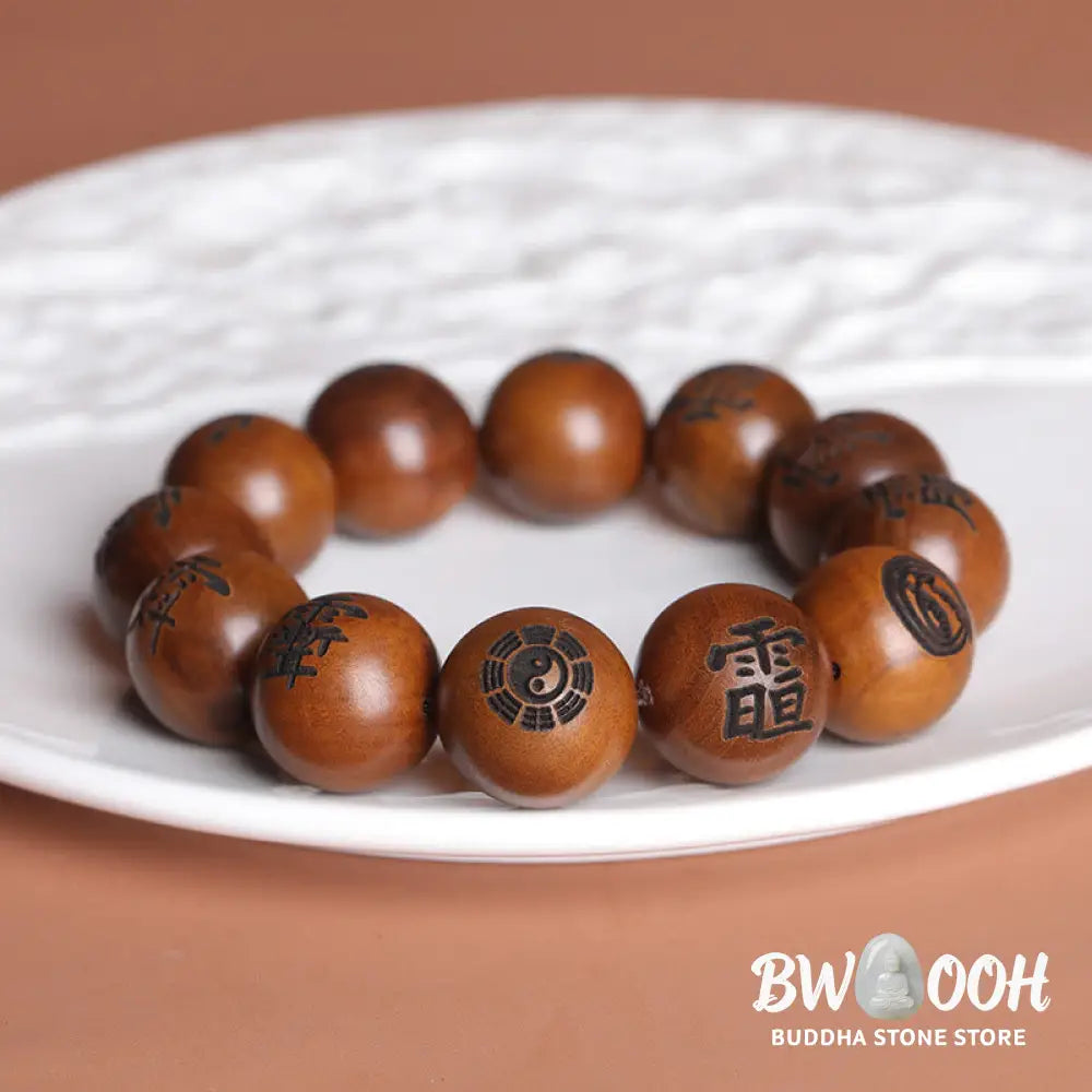 Buddha Stones Lightning Struck Jujube Wood Yin Yang Bagua Taoist Taboo Characters Engraved Protection Bracelet - BWOOOH