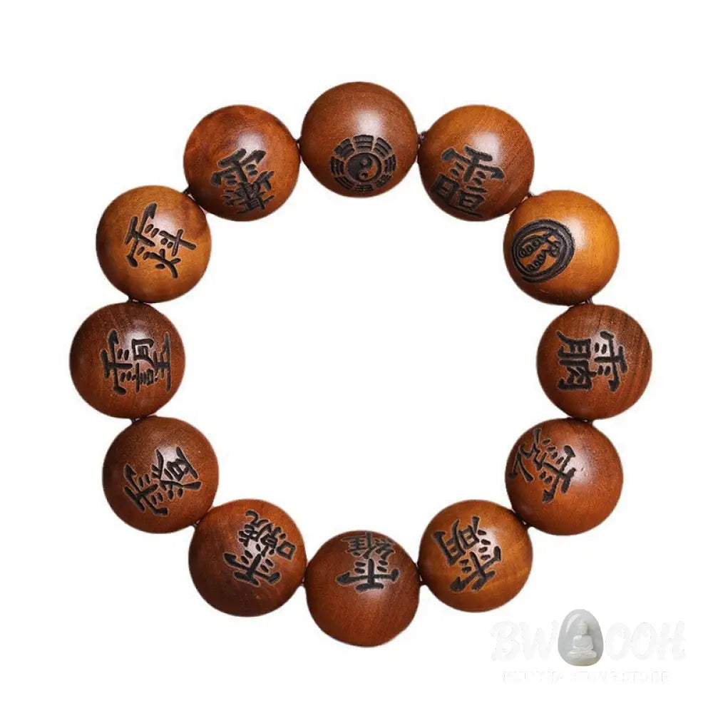 Buddha Stones Lightning Struck Jujube Wood Yin Yang Bagua Taoist Taboo Characters Engraved Protection Bracelet - BWOOOH