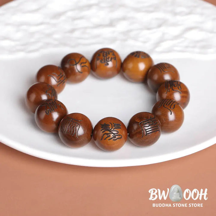 Buddha Stones Lightning Struck Jujube Wood Yin Yang Bagua Taoist Taboo Scripture Symbol Engraved Luck Bracelet - BWOOOH