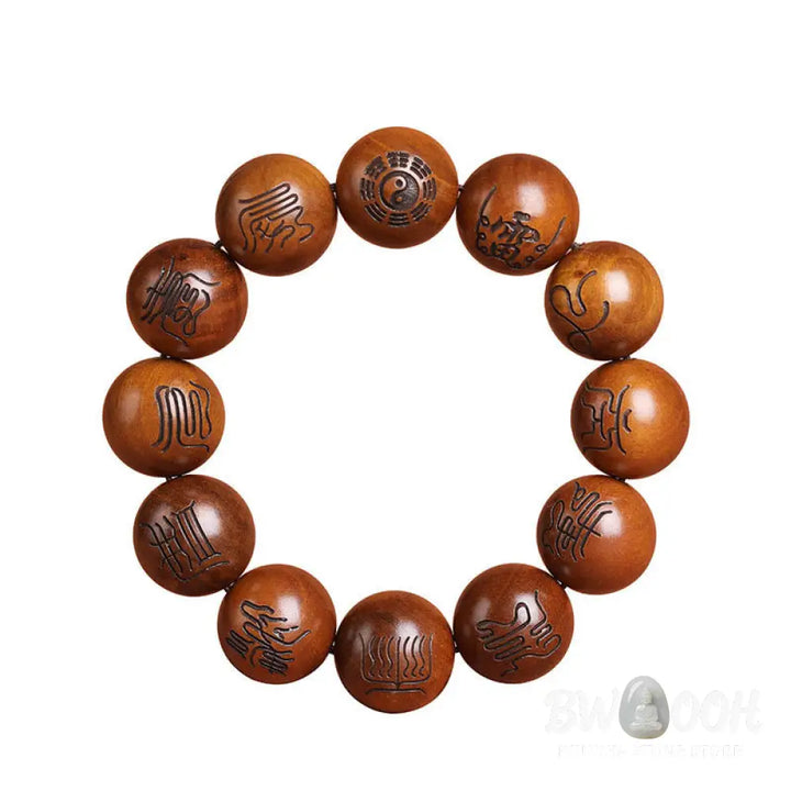 Buddha Stones Lightning Struck Jujube Wood Yin Yang Bagua Taoist Taboo Scripture Symbol Engraved Luck Bracelet - BWOOOH
