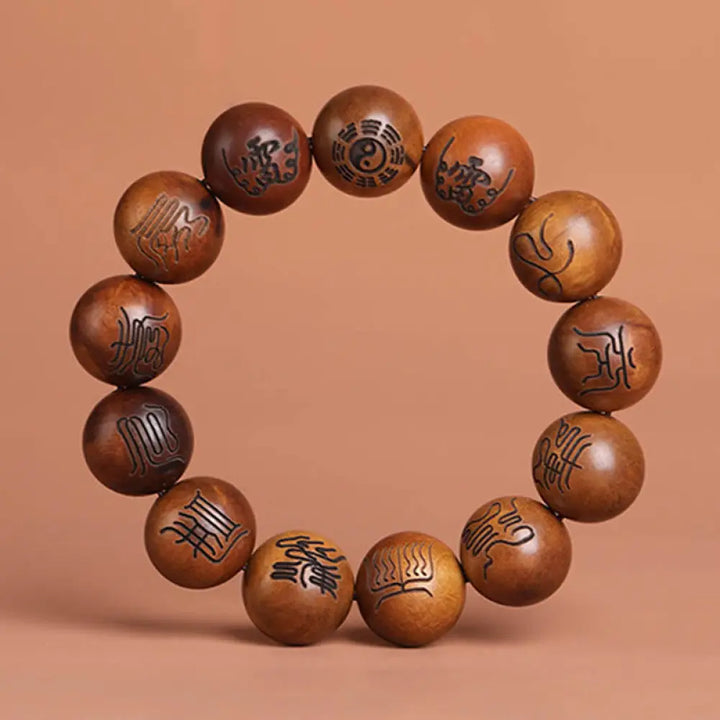 Buddha Stones Lightning Struck Jujube Wood Yin Yang Bagua Taoist Taboo Scripture Symbol Engraved Luck Bracelet - BWOOOH
