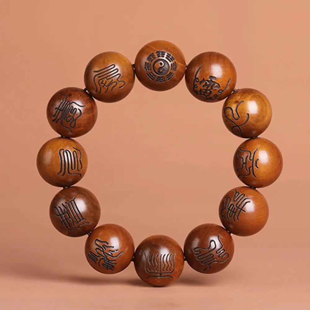 Buddha Stones Lightning Struck Jujube Wood Yin Yang Bagua Taoist Taboo Scripture Symbol Engraved Luck Bracelet - BWOOOH