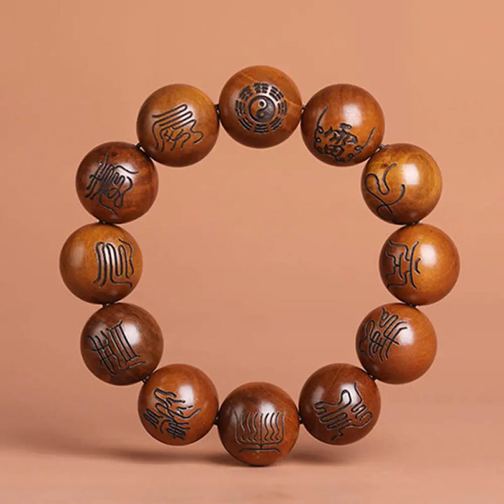 Buddha Stones Lightning Struck Jujube Wood Yin Yang Bagua Taoist Taboo Scripture Symbol Engraved Luck Bracelet - BWOOOH